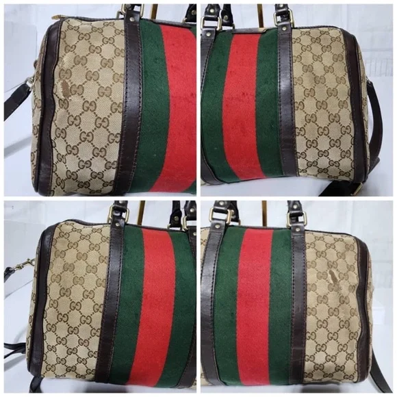 Authentic Gucci GG Canvas Leather Medium Vintage Web Boston Satchel Bag Brown/Be - Picture 5 of 16